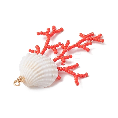 3Pcs Glass Seed Beaded & Clam Shell Big Pendants PALLOY-MZ01152-1