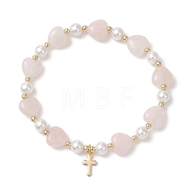 Natural Rose Quartz Heart & Shell Pearl Beads Stretch Bracelets BJEW-JB13413-01-1