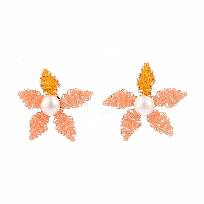 Natural Pearl & Glass Seed Braided Beaded Flower Stud Earrings EJEW-MZ00021-1