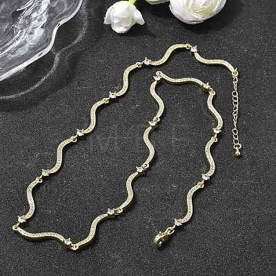 Brass Micro Pave Clear Cubic Zirconia Wave Link Chain Necklaces for Women NJEW-B157-22G-1