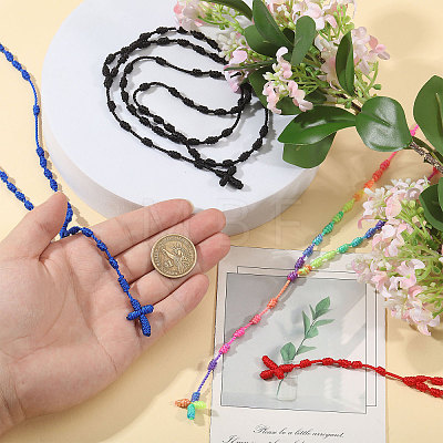 8Pcs 4 Colors Nylon Cross Pendant Rosary Bead Necklaces DOLL-CA0001-03-1