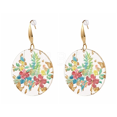 Transparent Epoxy Resin Flat Round with 3D Printed Flower Pattern Dangle Earrings EJEW-JE04580-1