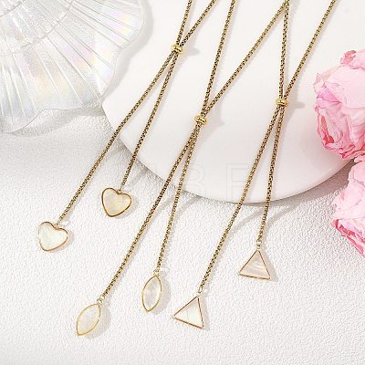 Adjustable Brass & Natural White Shell Geometric Tassel 304 Stainless Steel Box Chain Lariat Necklaces for Women NJEW-JN06259-1