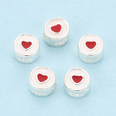 925 Sterling Silver Enamel Flat Round with Red Heart Beads STER-T009-22S-1