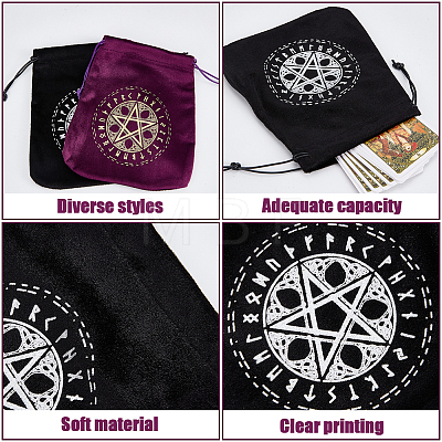 CREATCABIN 2Pcs 2 Colors Pentagram Runes Velvet Tarot Cards Storage Drawstring Bags TP-CN0001-07-1