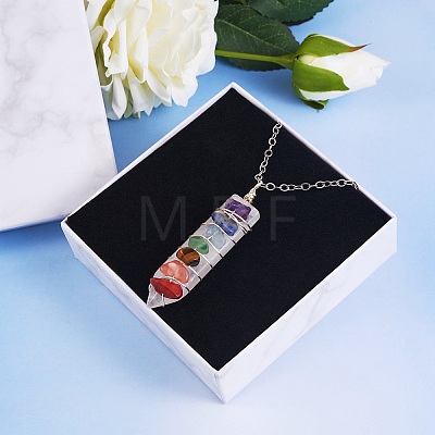 Natural Mixed Stone Wire Wrap Bullet Pendant Necklaces Set for Women NJEW-SW00010-1