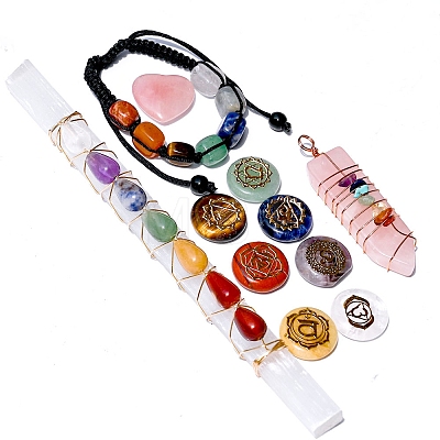 Chakra Gemstone Flat Round Massage Stone & Bracelet & Wire Wrapped Pendant Sets PW-WG28793-01-1