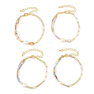 Faceted Natural Mixed Gemstone Beaded & Brass Paperclip Chain Bracelets with Natural Pearl for Women BJEW-JB14324-1