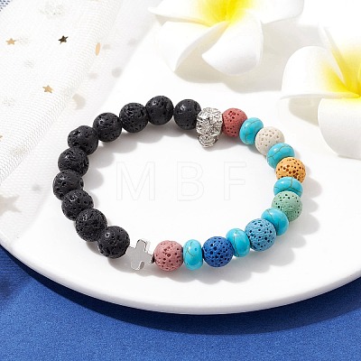 Natural Lava Rock & Synthetic Turquoise Beaded Stretch Bracelets BJEW-JB09985-01-1