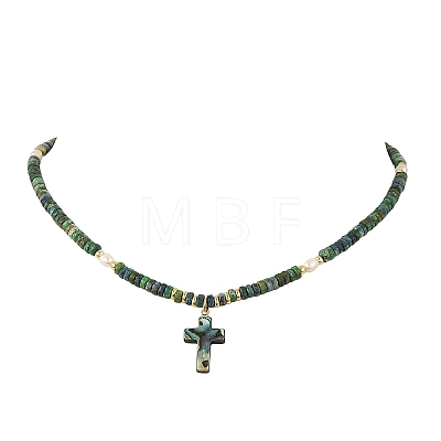 Natural Chrysocolla and Natural Cultured Freshwater Pearl Pendant Necklaces NJEW-JN06626-1