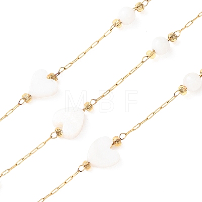 304 Stainless Steel & Natural Shell Heart & Round Bead Cable Chains CHS-G048-09G-1