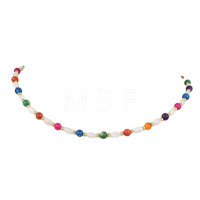 Dyed Round Natural Freshwater Shell & Rice Natural White Shell Beaded Necklaces for Women NJEW-JN06255-1