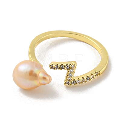 Brass Open Cuff Rings with Natural Pearl RJEW-H220-31G-1