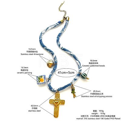 Bohemian 316 Surgical Stainless Steel & Porcelain Pendant Blue Printed Cord Necklaces WG87915-03-1