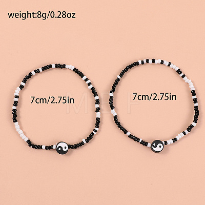 2Pcs Yin-yang Polymer Clay Glass Seed Beaded Stretch Anklet Sets for Women FS-WG3863F-08-1