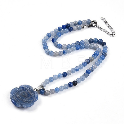 Natural Blue Aventurine(Dyed & Heated) 4.5mm Round Beaded Flower Pendant Necklaces NJEW-T016-04E-1