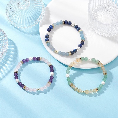 3Pcs Natural Mixed Gemstone and Shell Pearl Round Beads Stretch Bracelets for Women BJEW-JB12229-1