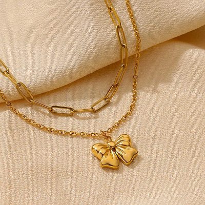 304 Stainless Steel Bowknot Pendant Necklaces NJEW-L182-001G-07-1