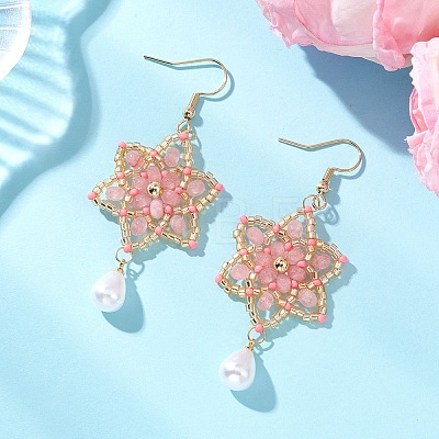 Dyed Natural Malaysia Jade & Glass Seed Beaded Flower with Teardrop Dangle Earrings EJEW-MZ00710-02-1