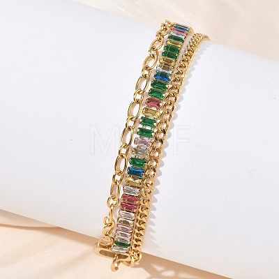 304 Stainless Steel & Glass Double Layers Chain Bracelets for Women BJEW-F540-10G-1