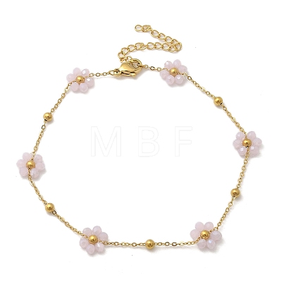 304 Stainless Steel & Synthetic Stone Daisy Flower Chain Anklets for Women AJEW-B031-01G-02-1