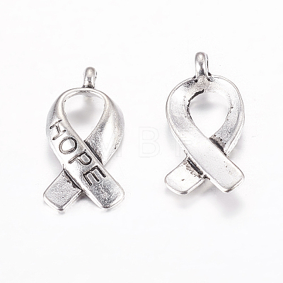 Breast Cancer Awareness Ribbon Carved Word Hope Tibetan Style Alloy Message Pendants LS-TIBEP-S278-AS-LF-1