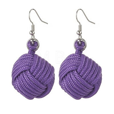 Handmade Polyester & Spandex Braided Ball Dangle Earrings with Natural Wood Beaded EJEW-JE05166-1