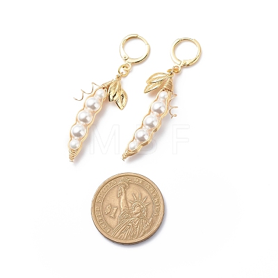 Shell Pearl Beaded Bean with Leaf  Long Dangle Leverback Earrings EJEW-TA00132-1