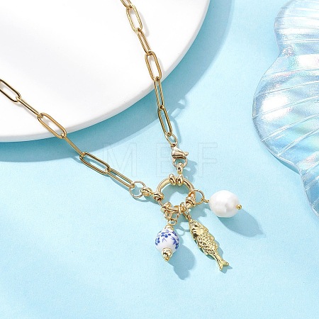 White and Blue Porcelain Round & 304 Stainless Steel Fish & Imitation Pearl Pendant Necklaces for Women NJEW-JN05650-1