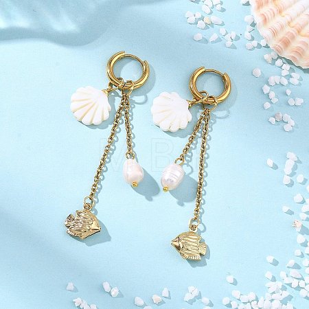 Natural Freshwater Shell & 316 Surgical Stainless Steel Charms Dangle Earrings for Women EJEW-JE07141-1