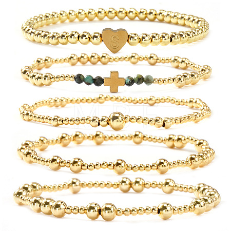 5Pcs Brass & Natural African Turquoise(Jasper) Beads Stretch Bracelets for Women BK1359-7-1