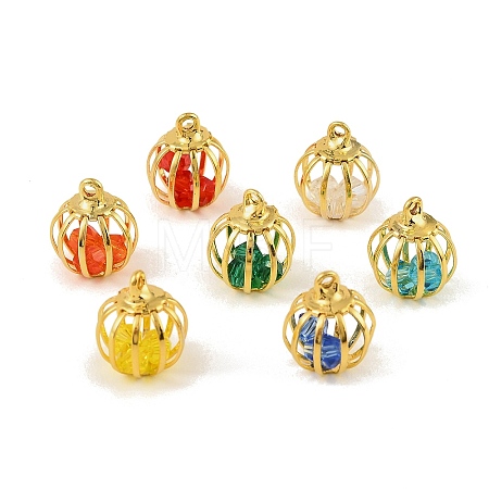 Brass Glass Bead Cage Pendants KK-T080-30G-M-1