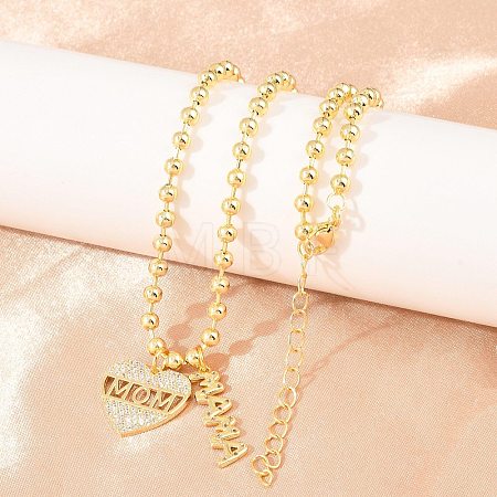 Mother's Day Brass Micro Pave Clear Cubic Zirconia Mom Heart Pendant Necklaces for Women NJEW-A071-06A-G-1