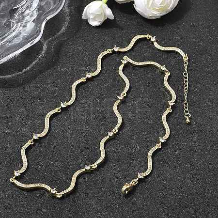 Brass Micro Pave Clear Cubic Zirconia Wave Link Chain Necklaces for Women NJEW-B157-22G-1