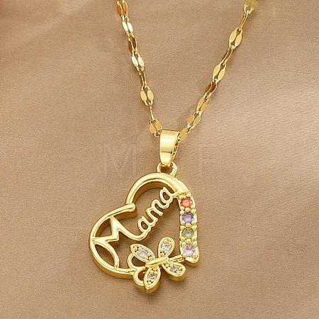 Mother's Day Brass Pave Cubic Zirconia Mama Heart with Butterfly Pendant 304 Stainless Steel Dapped Chain Necklaces for Women WG2F4E4-01-1