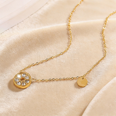 304 Stainless Steel Crystal Rhinestone Flat Round Pendant Necklaces for Women WG4D5C1-01-1
