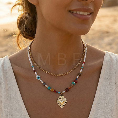Handmade Natural Mixed Stone Beaded Double Layer Necklaces with Stainless Steel Sacred Heart Pendant for Women Daily Wear OB9788-1-1