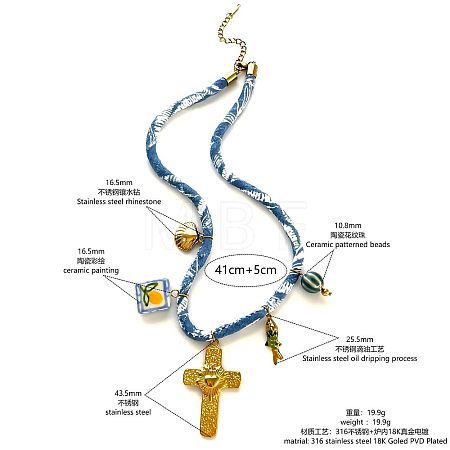 Bohemian 316 Surgical Stainless Steel & Porcelain Pendant Blue Printed Cord Necklaces WG87915-03-1