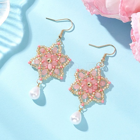 Dyed Natural Malaysia Jade & Glass Seed Beaded Flower with Teardrop Dangle Earrings EJEW-MZ00710-02-1