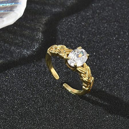 Brass Pave Clear Single Cubic Zirconia Cuff Open Rings RJEW-H268-01G-1