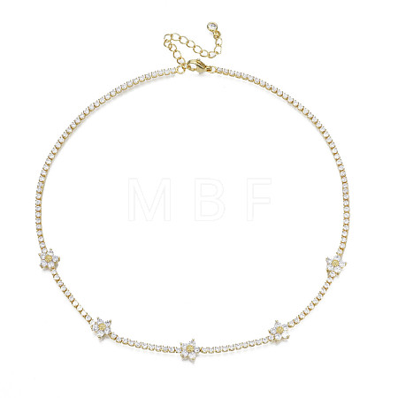 Cubic Zirconia Classic Tennis Necklace with Flower Links NJEW-N048-01G-1