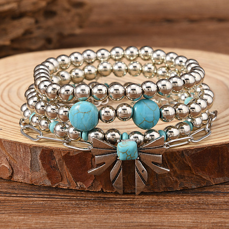 4Pcs Synthetic Turquoise & CCB Beaded Stretch Bracelets FS-WGC8DBE-01-1