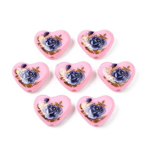 Flower Printed Opaque Acrylic Heart Beads SACR-S305-28-H01-1
