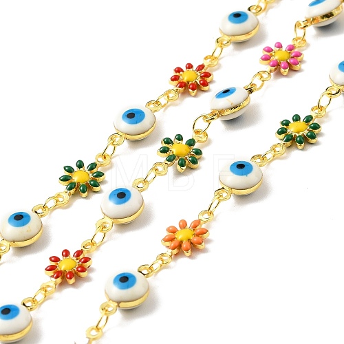 Handmade Brass Enamel Flower & Evil Eye Link Chain CHC-D032-02G-01-1