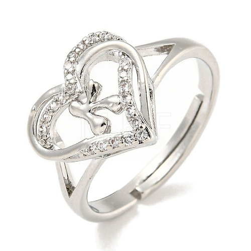 Heart with Letter Rack Plating Brass Micro Pave Clear Cubic Zirconia Adjustable Rings for Women RJEW-I105-01P-K-1