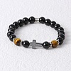 Round Natural Tiger Eye & Black Onyx & Cross Synthetic Non-magnetic Hematite Stretch Beaded Bracelet for Men LK6258-1-1