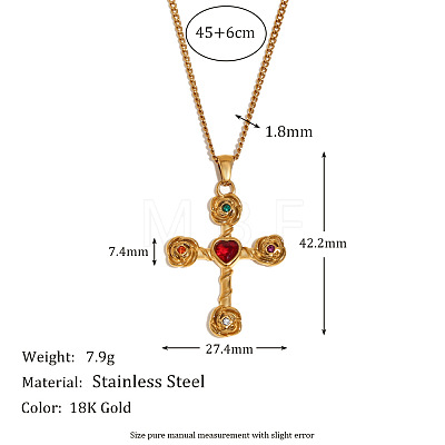 316L Surgical Stainless Steel Pave Colorful Cubic Zirconia Rose Flower Cross Pendant Necklaces for Women WG948D4-02-1