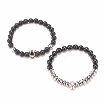 2Pcs 2 Style Synthetic Hematite & Black Stone & Natural Obsidian Stretch Bracelets Set with Cubic Zirconia Skull BJEW-JB08120-02-1