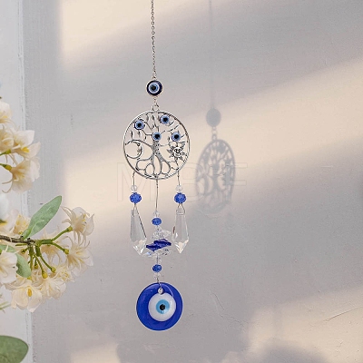 Metal Flat Round with Tree of Life & Evil Eye Hanging Ornaments PW-WG93101-03-1