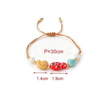 Summer Beach AdHandmade Porcelain Fish Shell Shape and Plastic Pearl Braided Bead Bracelets for Women WG2D1DA-01-1